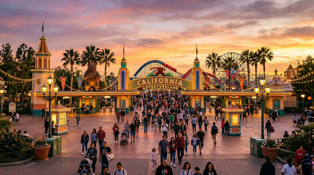 A wide entrance plaza of a colorful California-themed amusement park at dusk, warm golden and purple sky, festive lights beginning to glow, crowd of families walking in