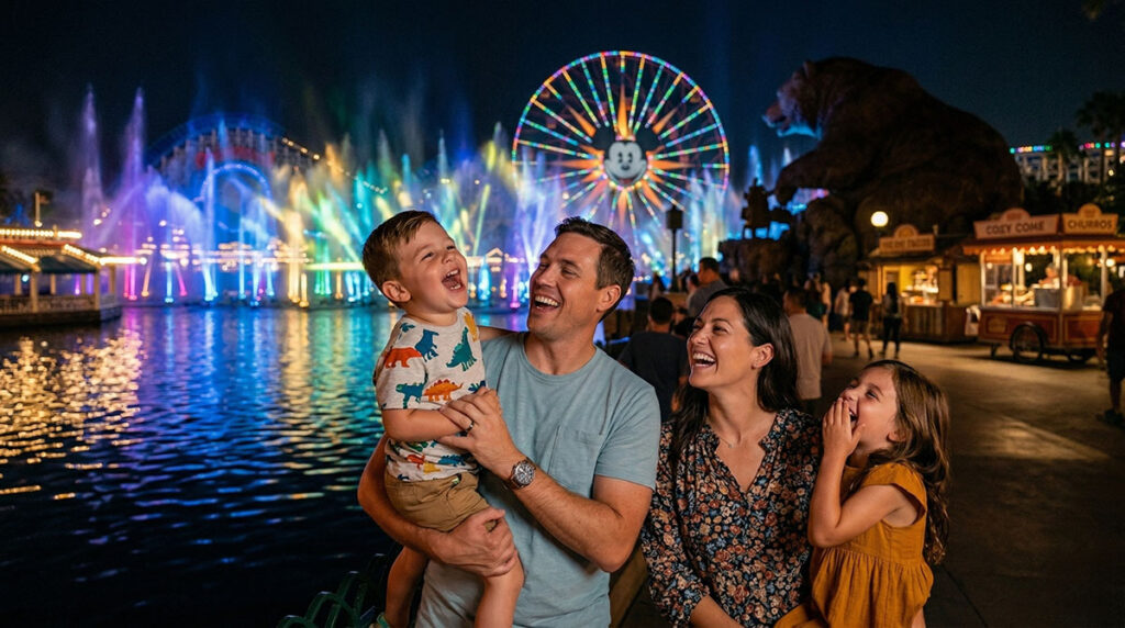 Parents and kids laughing together watching a nighttime water and light show at a theme park, colorful light reflections on water, joyful expressions, warm evening ambiance, candid shot