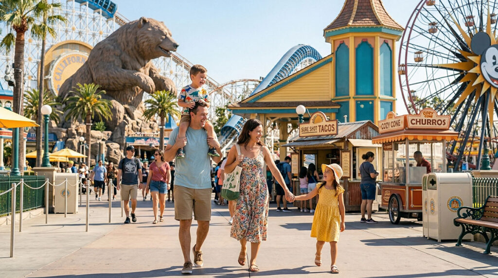 A family with young children walking through a sunny amusement park, casual and candid feel, colorful themed buildings in the background, daytime, natural light, lifestyle photography