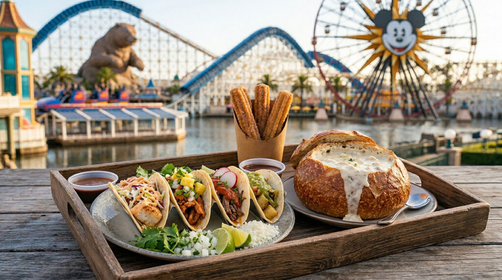 Close-up of gourmet theme park food spread on a rustic tray, tacos, churros with cinnamon sugar, sourdough bread bowl with clam chowder, warm appetizing lighting, food photography style