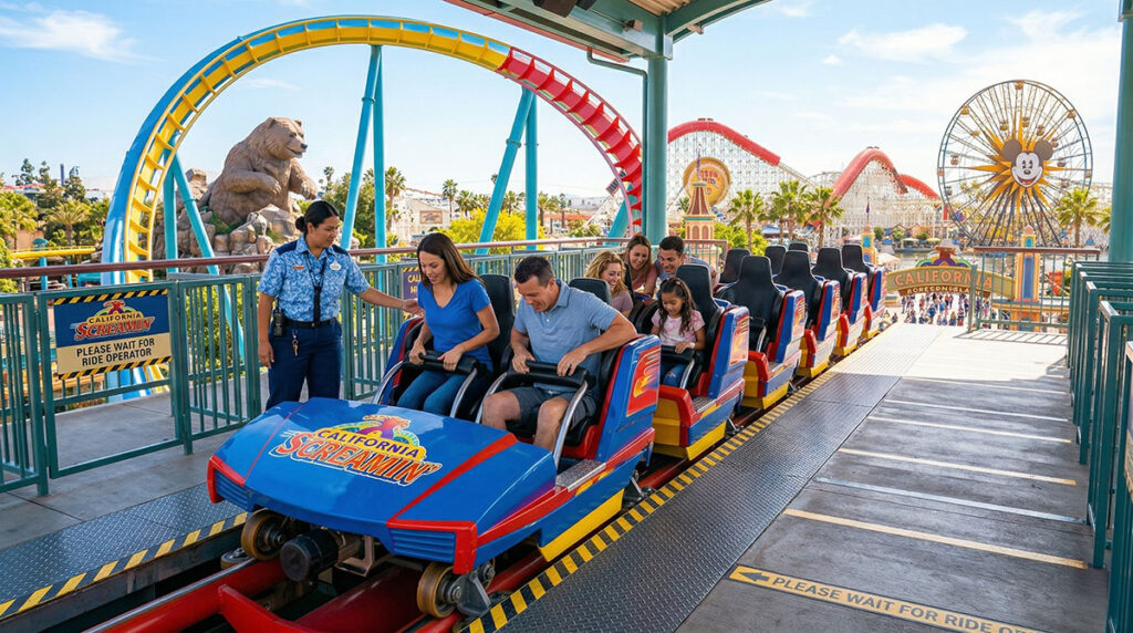 People riding a fast roller coaster at an outdoor theme park